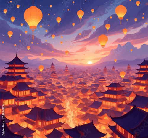 Dreamlike cityscape with glowing lanterns at dusk