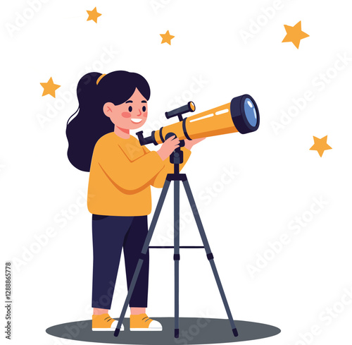 Young girl observing stars through a telescope in a starry night sky