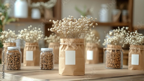 Wedding favors packaging in craft bags with custom label and dry flowers decoration ecological party diy handmade souvenirs in natural color . Generative AI
