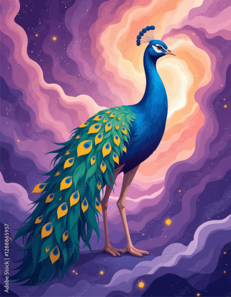 Fototapeta premium Elegant peacock amidst starry ethereal clouds