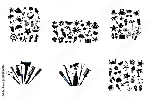 Black & White Summer Icons & Hair Styling Tools Silhouettes: Beach, Vacation, Hairdresser, Beauty Salon Clip Art Graphics Set