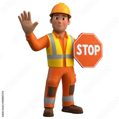 Isolated Cartoon Construction Worker Holding a Stop Sign
