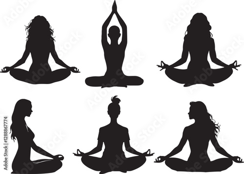 Silhouettes of six women sitting in lotus poseses 