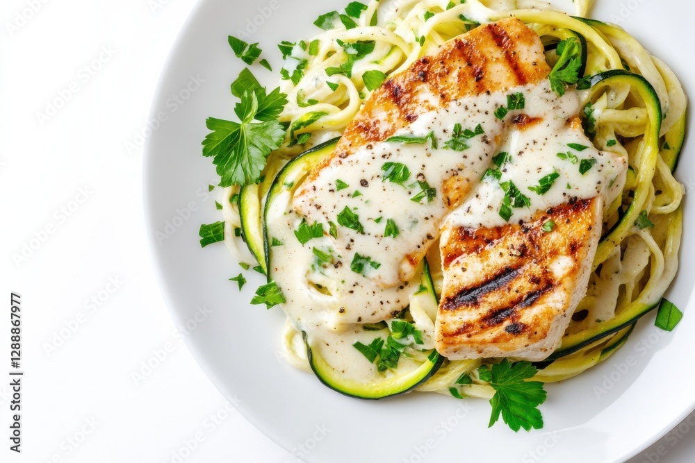 keto diet Grilled fish fillets served with creamy sauce over zucchini noodles and garnished with parsley. keto diet Grilled fish fillets served with creamy sauce over zucchini noodles and garnished with parsley.
