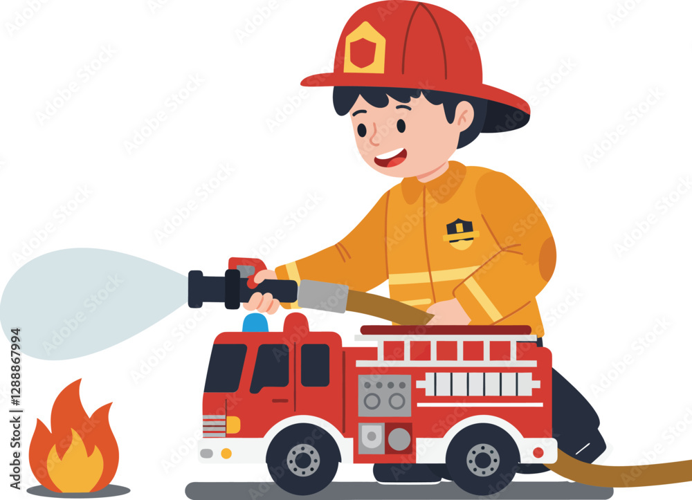 Young firefighter extinguishing flames with water from a fire truck Young firefighter extinguishing flames with water from a fire truck