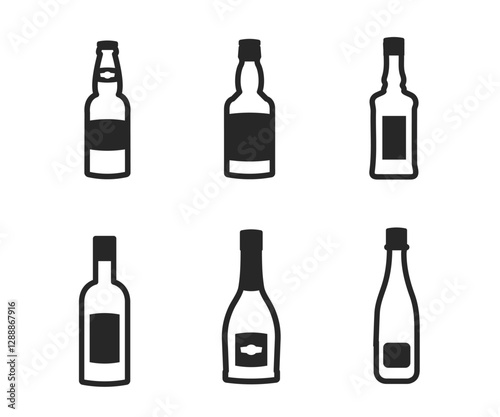  Set of black and white alcohol bottles. Vector stock illustration