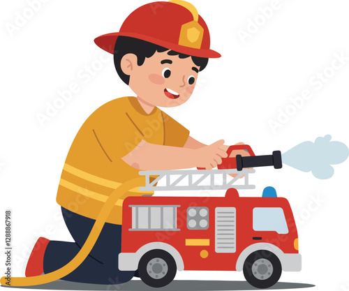 Young boy in firefighter costume playing with a toy fire truck and hose