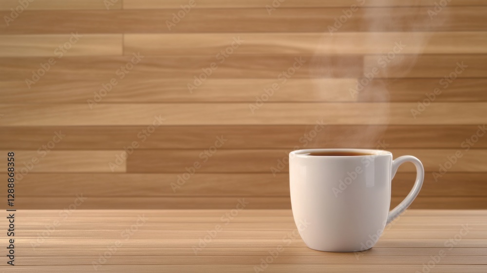 A warm cup of tea with steam rising, cozy and inviting, wooden table background A warm cup of tea with steam rising, cozy and inviting, wooden table background