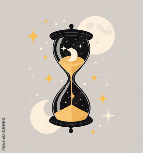 Hourglass with moon, stars, and cosmic sand design