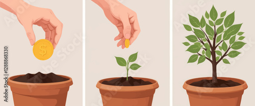 Investment growth progression with coin to tree in terracotta pot