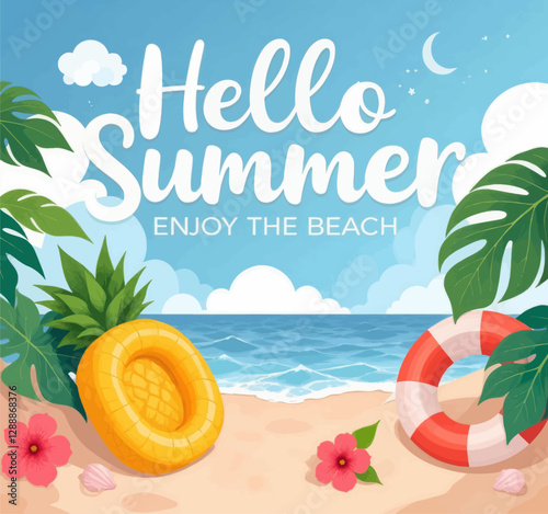 Hello Summer beach scene with pineapple float and life preserver
