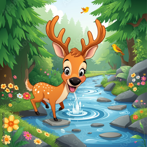 Deer Drinking in the Forest