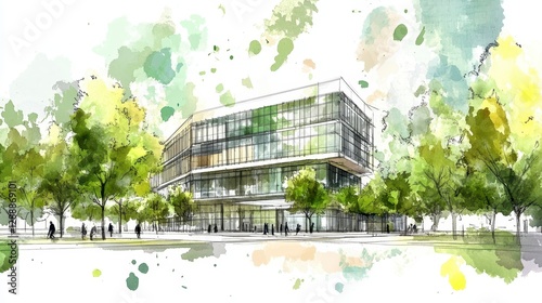 Modern Architectural Building Surrounded by Lush Greenery and Trees