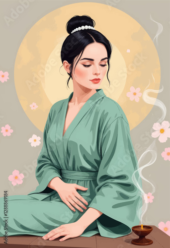 Meditative woman in kimono with candle and sakura blossoms