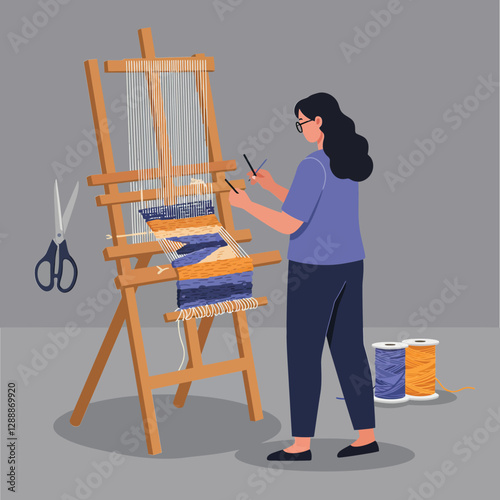 Woman weaving fabric on a loom with colorful threads and scissors nearby