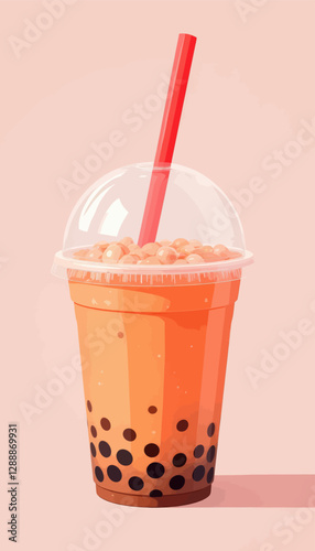 Orange Boba Tea with Red Straw and Tapioca Pearls