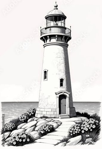 Monochrome lighthouse atop rocky, floral hill near the ocean