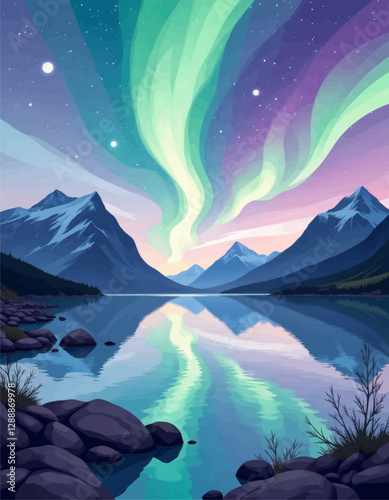 Pastel Aurora Borealis Reflections on Lake with Mountains