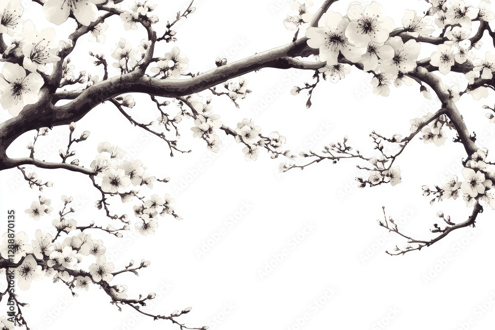 Fototapeta premium Blooming plum branches, spring scene, isolated background, perfect for design