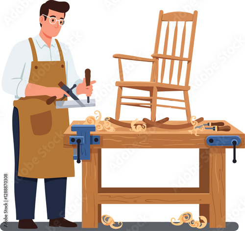Craftsman shaping wooden chair at workbench with tools and shavings around