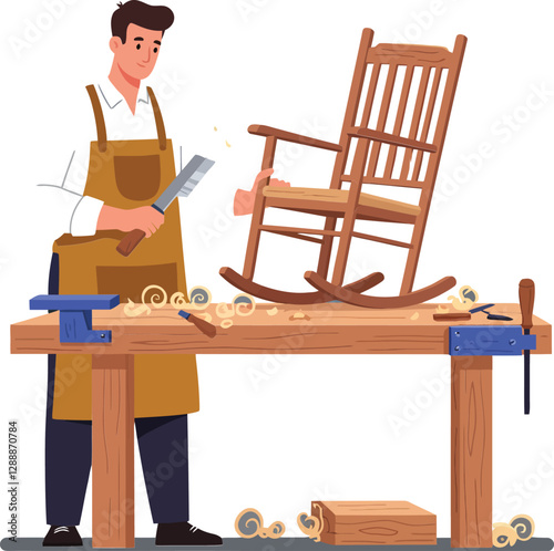 Craftsman shaping wooden rocking chair in workshop with tools and shavings around