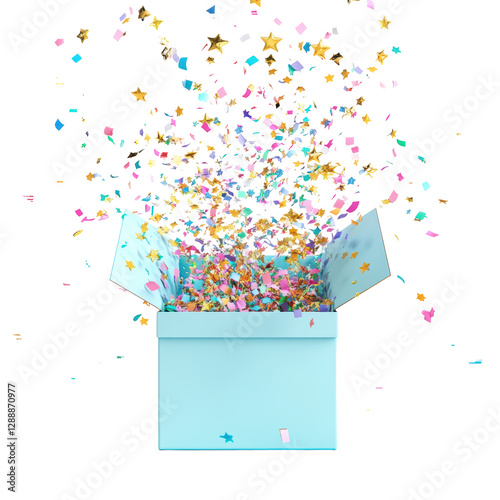 Isolated Open Gift Box with Exploding Confetti Shapes