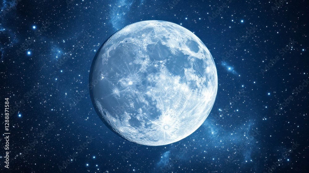 Obraz premium Bright Full Moon Glowing in Starry Night Sky Over Cosmic Background