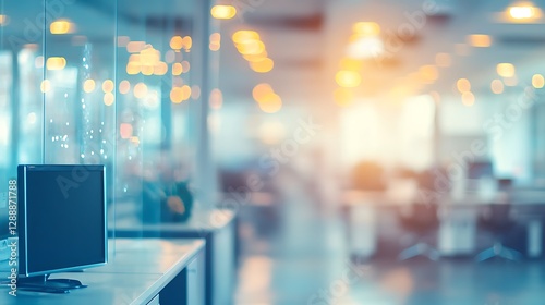Wallpaper Mural Beautiful blurred background of a modern office interior in gray tones with panoramic windows, glass partitions and orange color accents. Torontodigital.ca