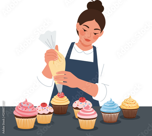 Woman decorating cupcakes with icing and toppings in a bakery setting
