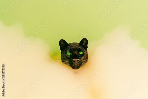 Mysterious black panther emerges from fluffy clouds, glowing gre