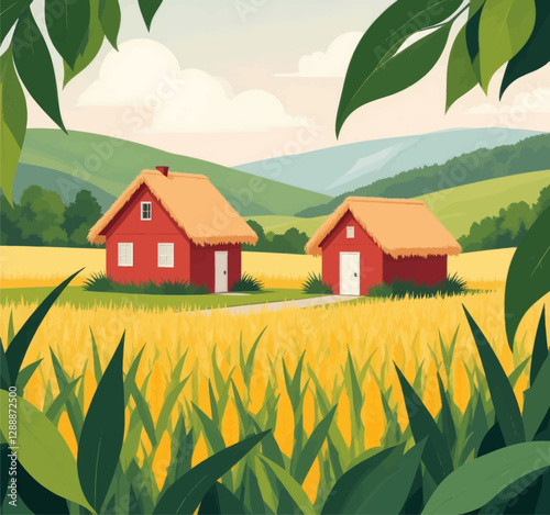 Rural landscape with red houses and golden wheat field