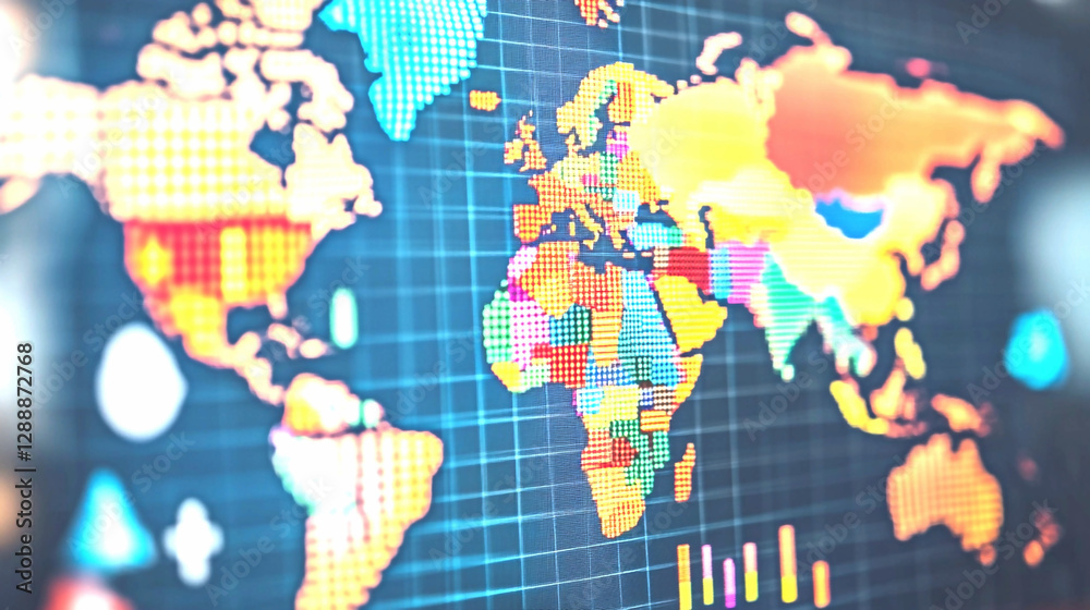 Fototapeta premium Colorful Pixelated World Map Digital Data Visualization