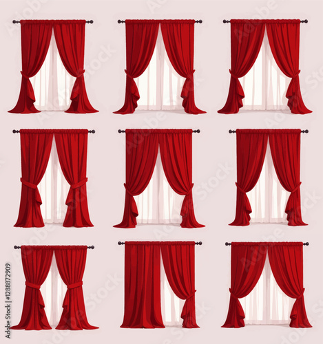Set of Nine Red Window Curtains with White Sheers