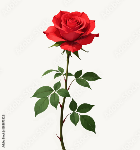 Single red rose with green leaves on long stem