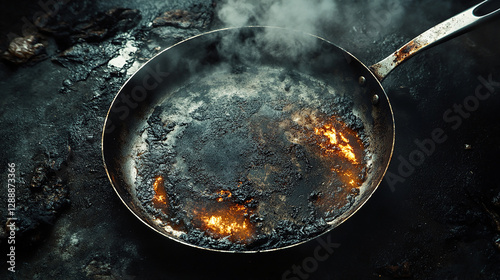 A heavily scorched frying pan with burnt residue