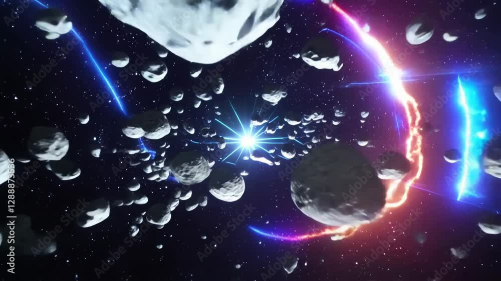 Futuristic mysterious circular portal to infinite deep galaxy space with star, flying asteroids, gateway to universe