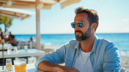 Hair restoration success highlighted during a relaxing afternoon at a beachside caf茅. Featuring casual confidence and style