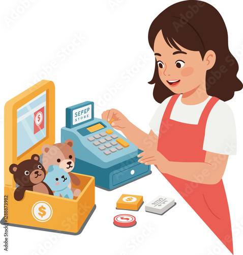 Young girl using a toy cash register to play shopkeeper with stuffed animals