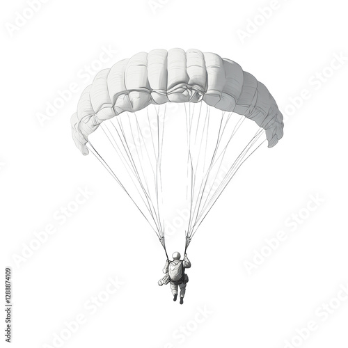 Isolated Black and White Sketch of Parachutist in Mid-Air Descent