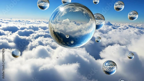 Floating water droplets reflect sky and clouds against a bright blue background showcasing nature's beauty