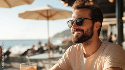 Hair restoration success highlighted during a relaxing afternoon at a beachside caf茅. Featuring casual confidence and style