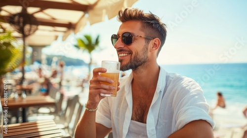 Hair restoration success highlighted during a relaxing afternoon at a beachside caf茅. Featuring casual confidence and style