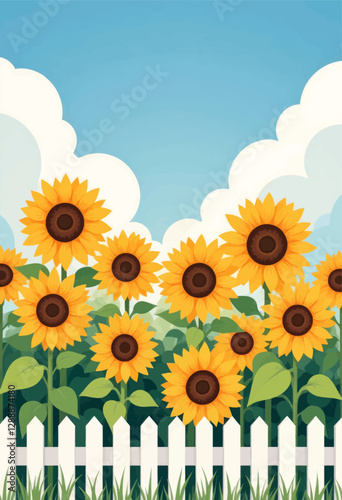 Sunflower field illustration with picket fence and clouds