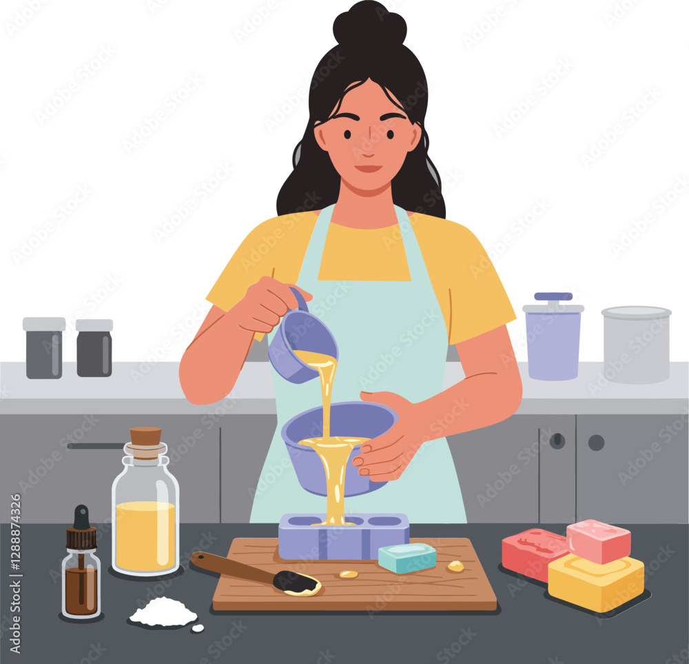 Fototapeta premium Woman pouring liquid ingredients into a bowl while preparing a recipe in the kitchen