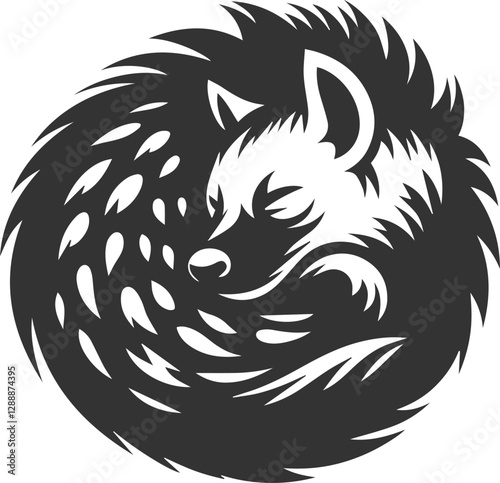 A hyena curled up tightly, sleeping peacefully vector animal silhouette