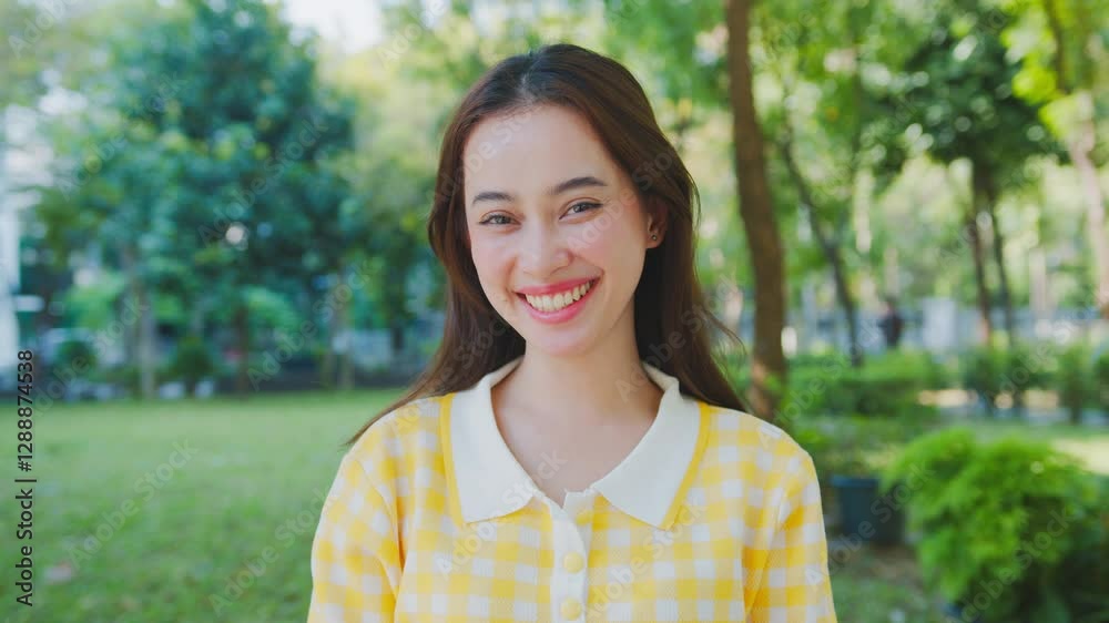 Cheerful young woman in yellow checkered shirt smiles brightly in sunny park surrounded by lush greenery and tall trees, enjoying outdoor atmosphere. Digital nomad remote work Cheerful young woman in yellow checkered shirt smiles brightly in sunny park surrounded by lush greenery and tall trees, enjoying outdoor atmosphere. Digital nomad remote work