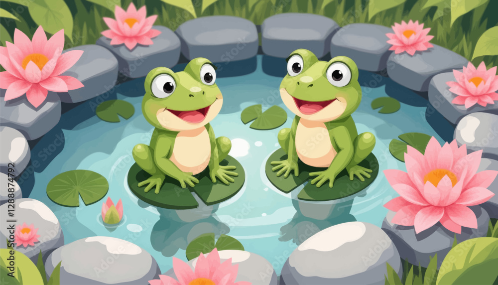 Fototapeta premium Two happy cartoon frogs in a lily pond with pink lotuses