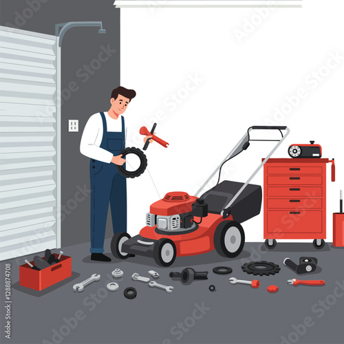 Man repairing a lawnmower in a garage with tools and equipment scattered around