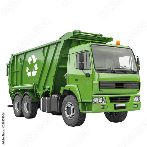 Isolated Modern Green Recycling Truck with Front View