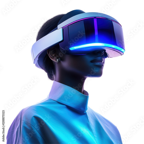 Isolated Dark-Skinned Woman in Purple VR Goggles